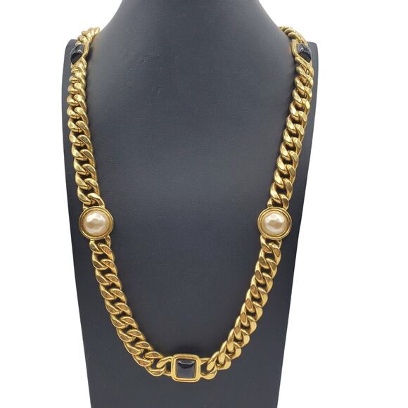 Carolee Gold Tone Curb Thick Chain Chunky Necklace Faux Pearl Onyx Vintage 80s - Picture 11 of 11